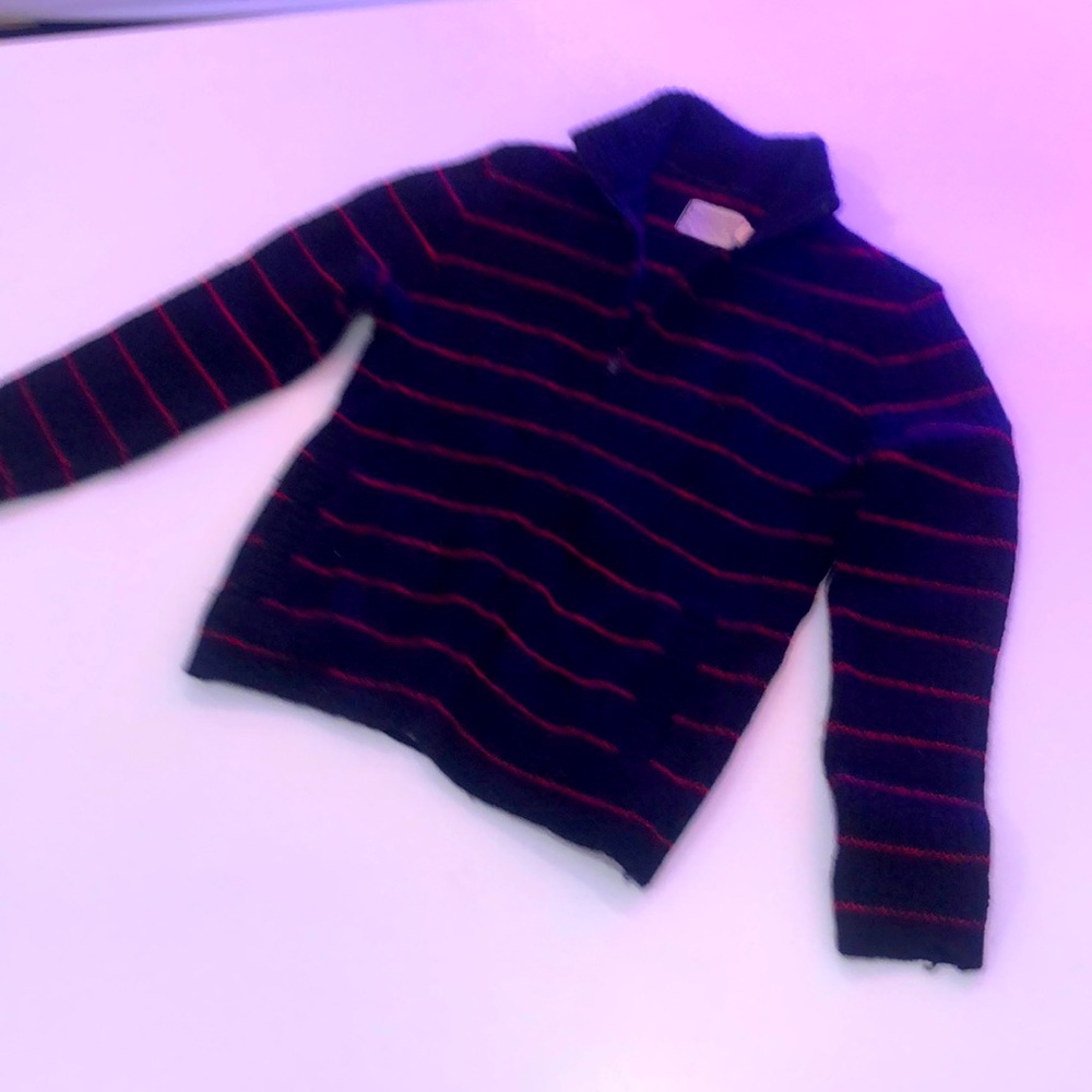 Pendeleton Mens Zip Blue Cardigan Sweater withRed Horizontal Stripes,Size Medium